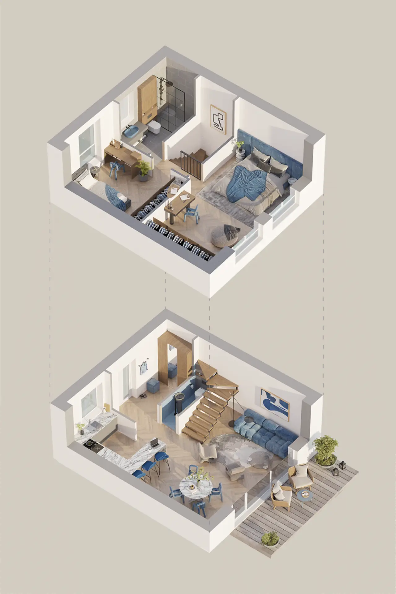 3D floor plan visualization of a two-level apartment with interior zoning
