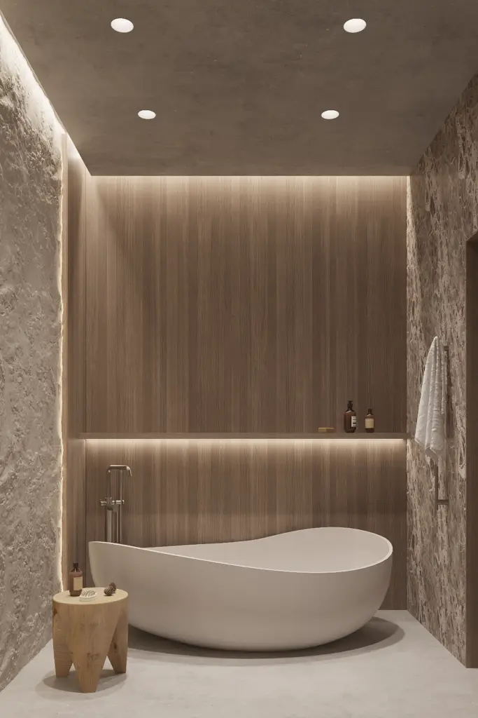 Japandi style bathroom with freestanding bathtub, wooden wall panels and mood lighting