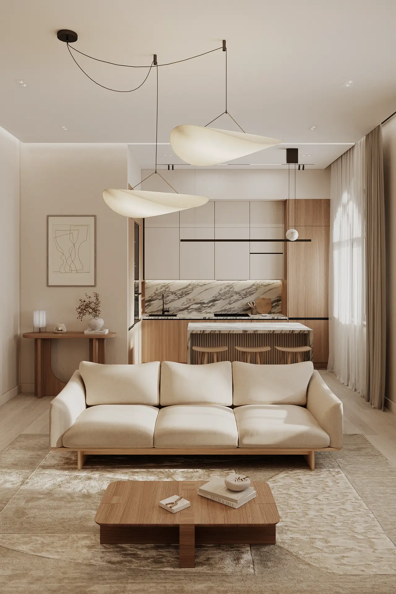 Bright Japandi-style living room and kitchen with natural materials and soft lighting
