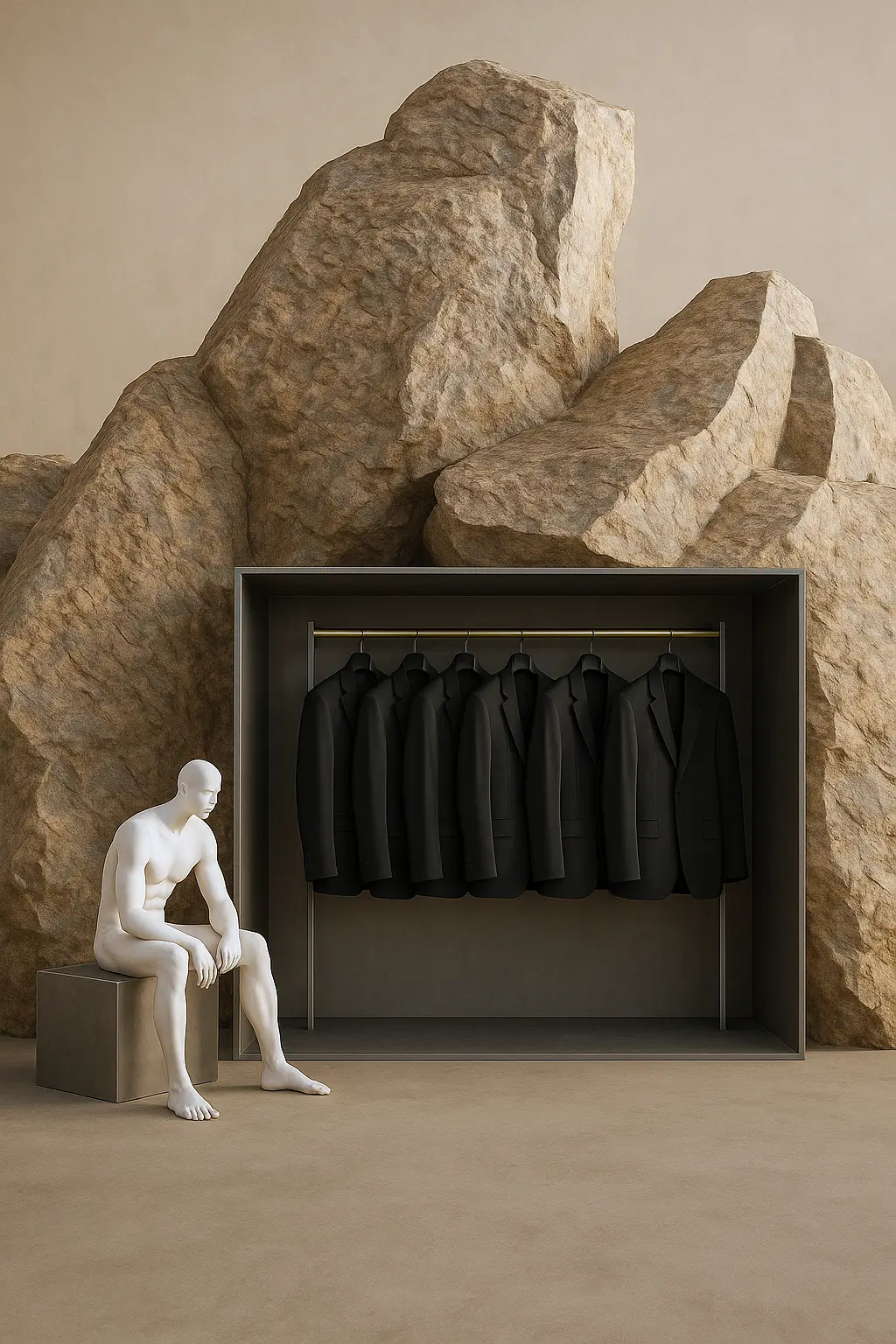 Conceptual clothing display with minimalist black suits, stone backdrop, and white sculpture