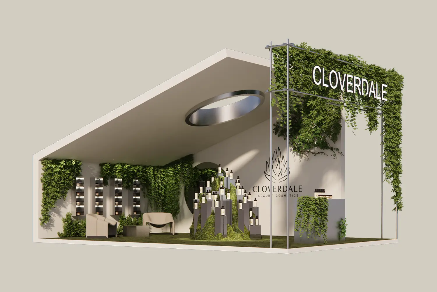 Visual concept design of a luxury cosmetics exhibition stand with greenery and modern display layout