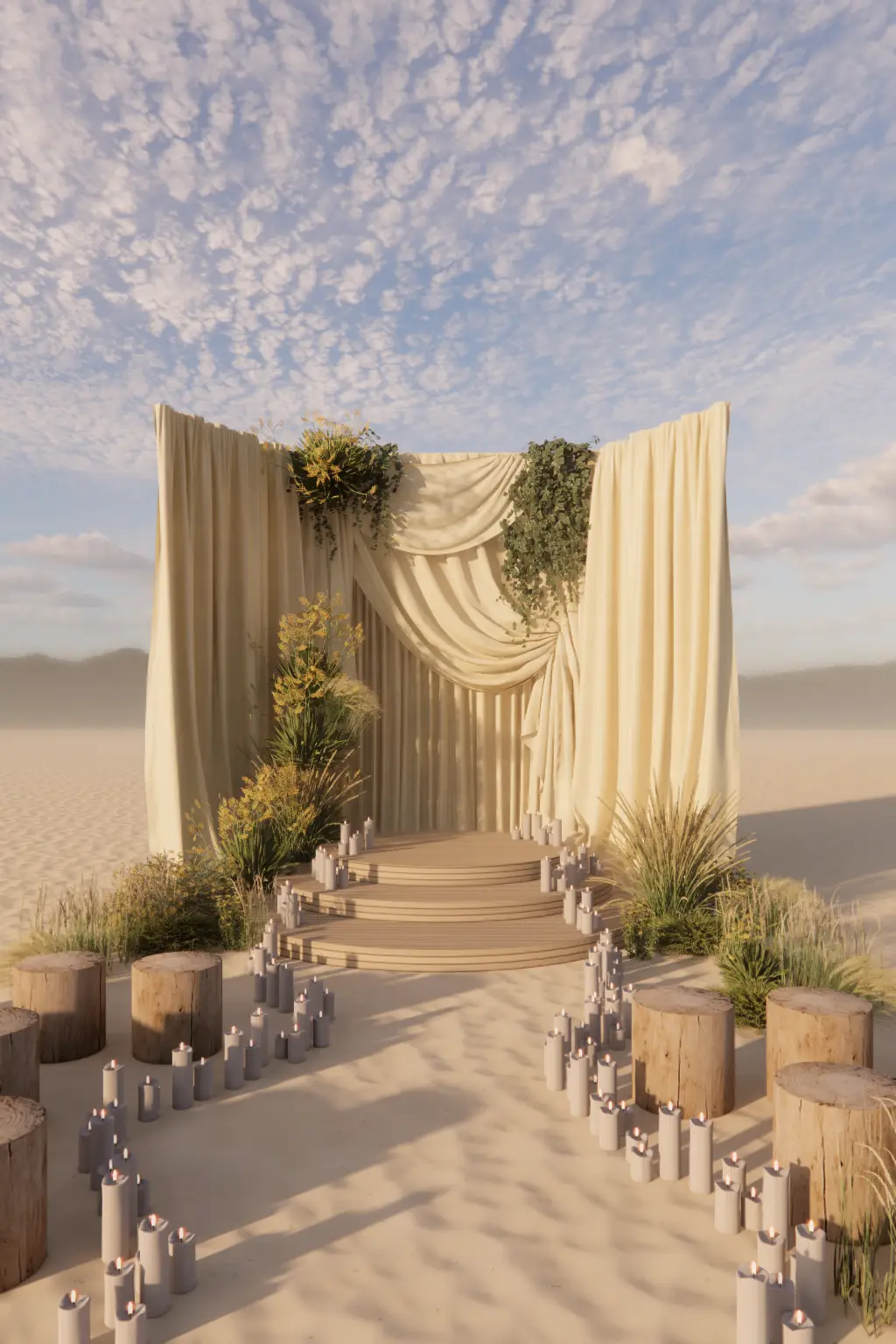 Dreamy wedding ceremony setup in a desert with draped fabric, candles, and natural decor