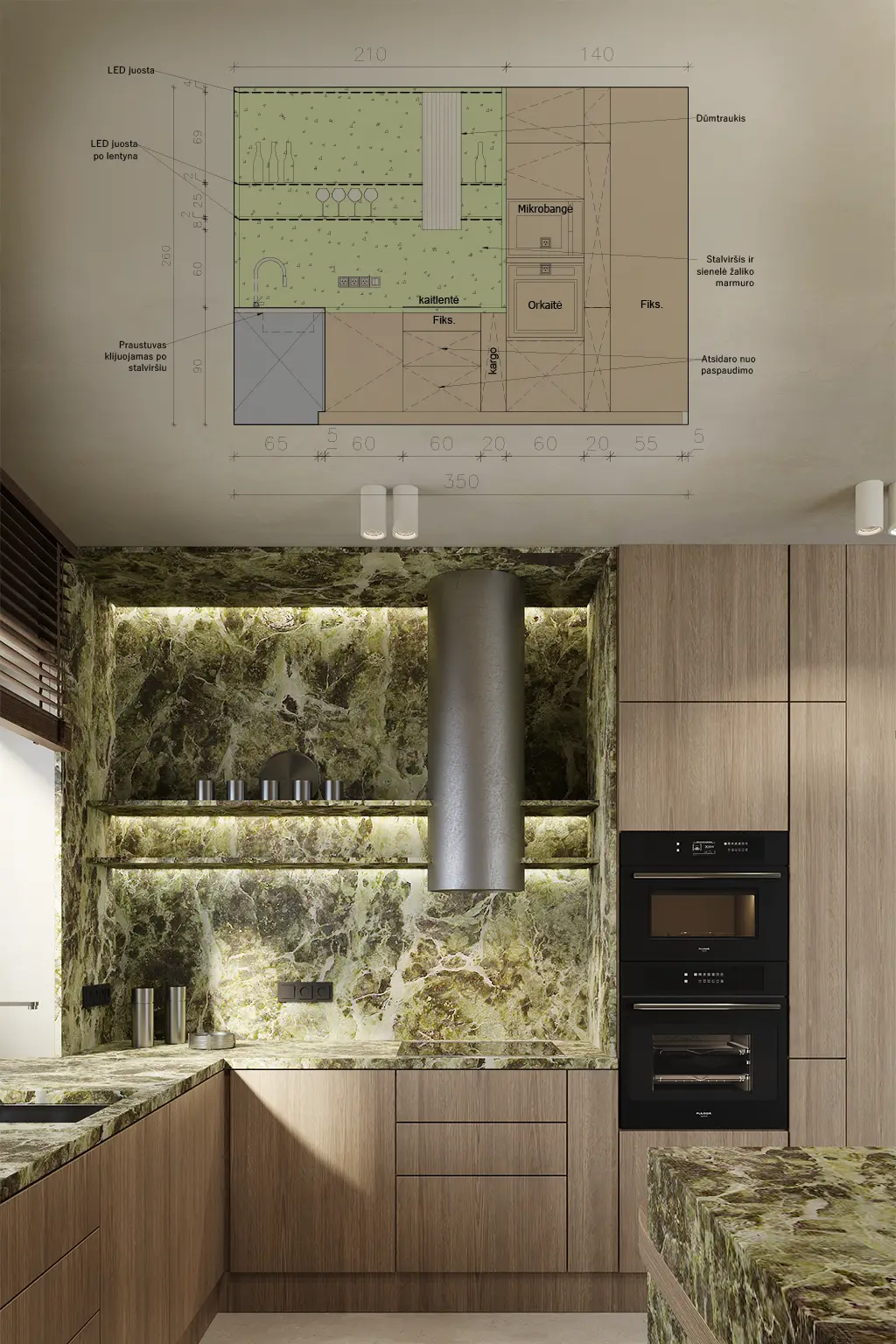 Full interior design project featuring custom kitchen furniture and technical elevation drawing