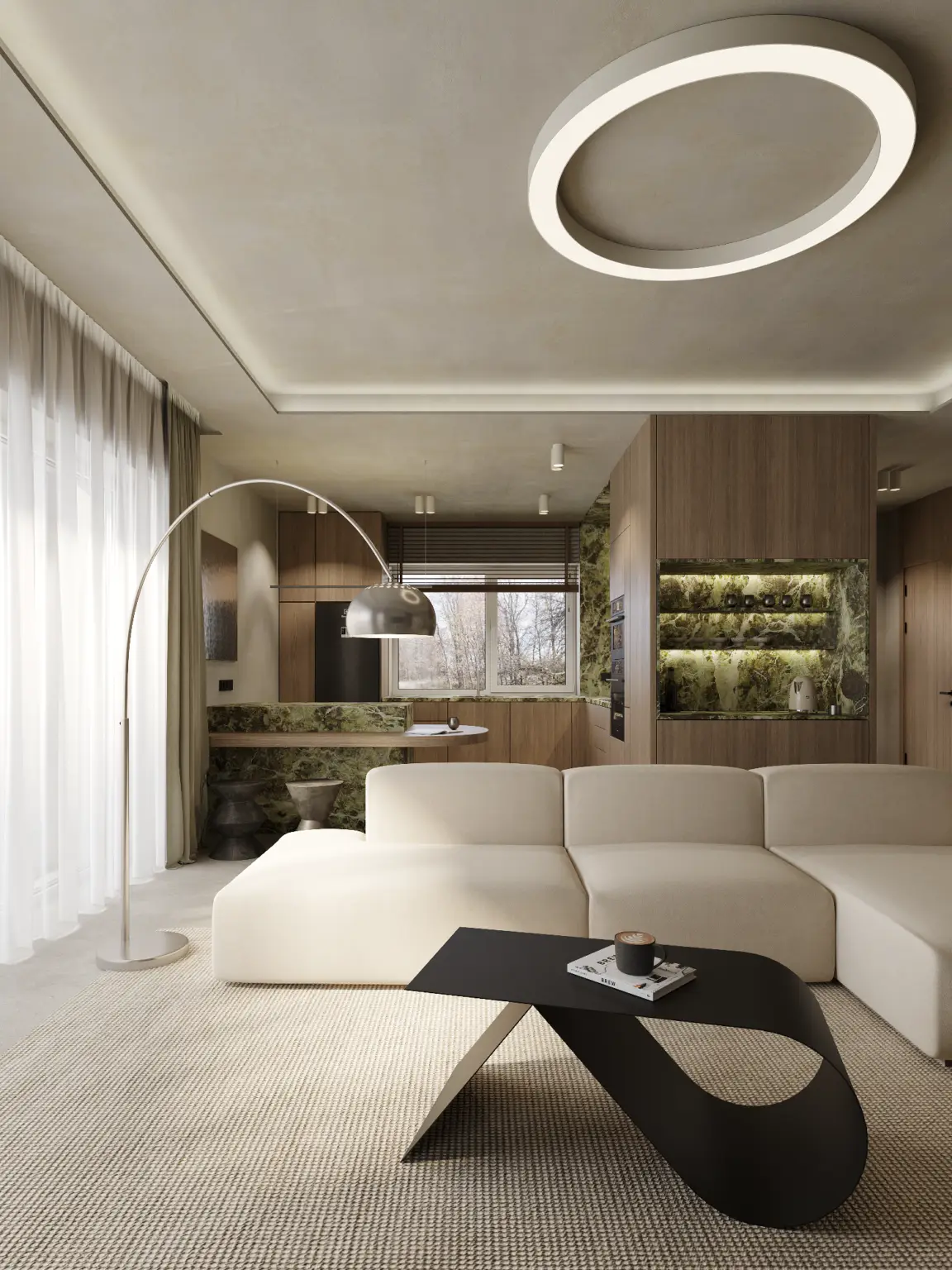 Full interior visualization of a modern living room with soft lighting and natural textures