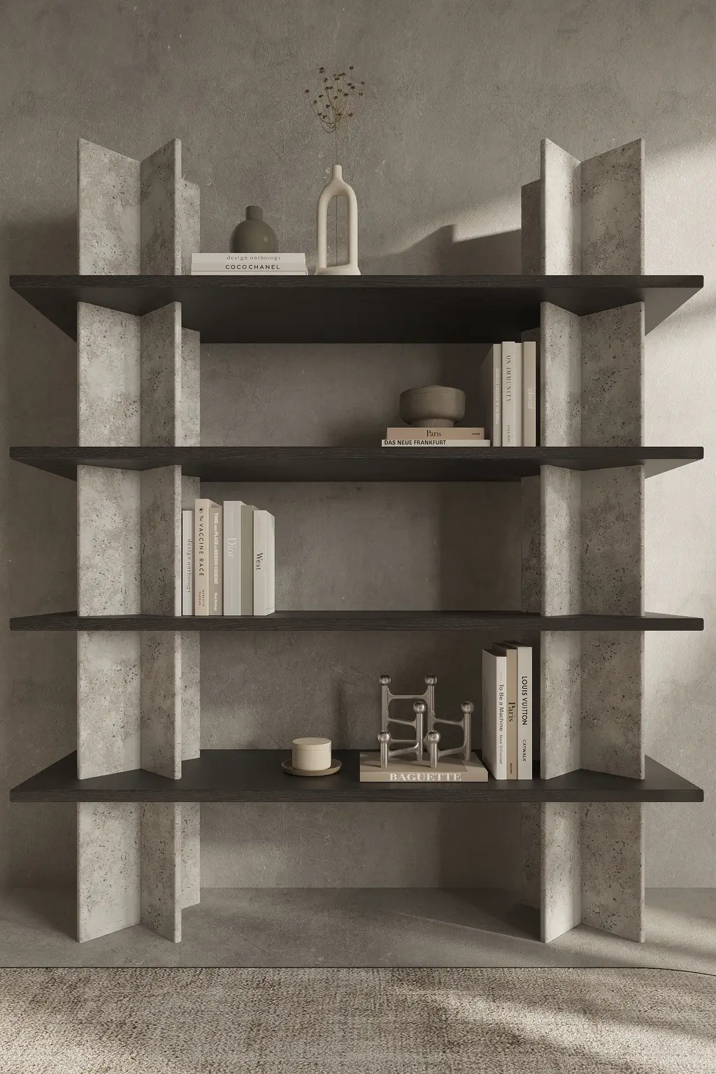 Modern decorative shelving with neutral decor and books in a cozy minimalist interior
