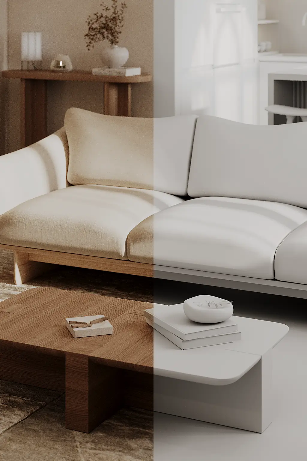 Side-by-side view of interior concept and its photorealistic 3D visualization – from idea to design