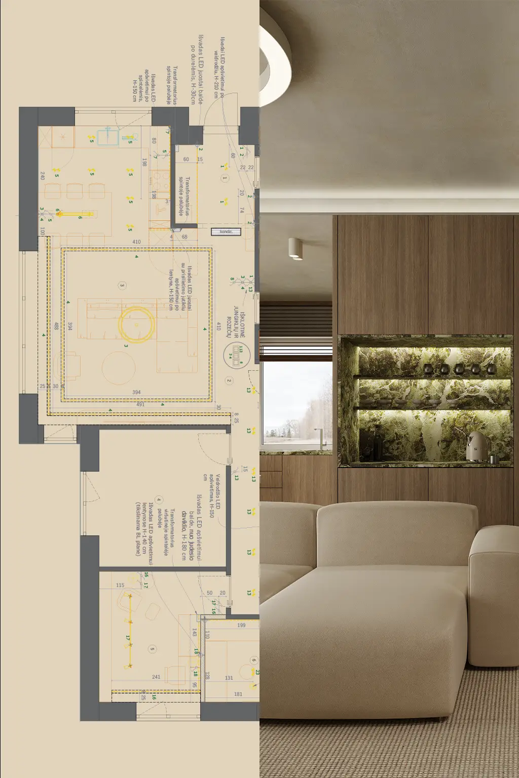 Side-by-side comparison of interior concept visualization and technical floor plan
