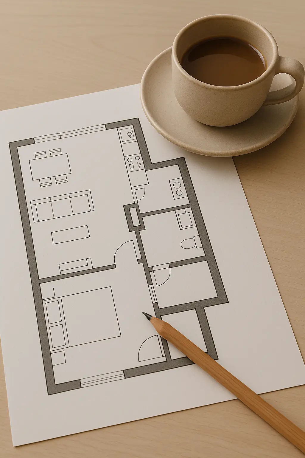 Printed interior floor plan sketch on a desk with a pencil and coffee cup nearby