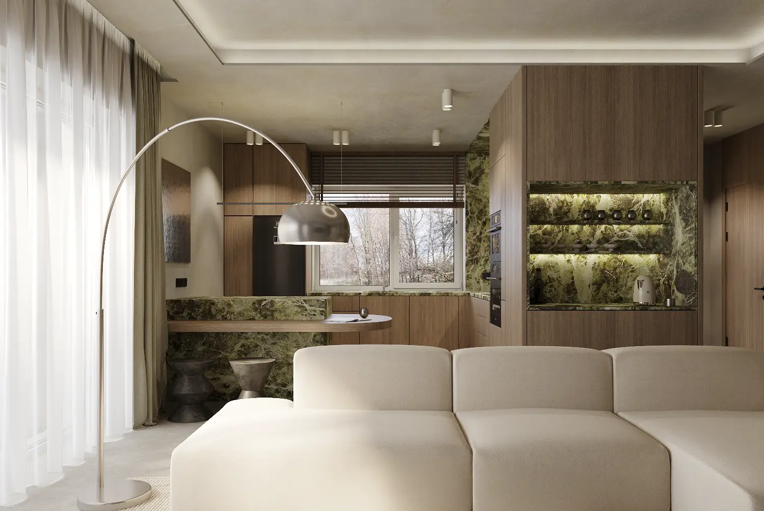 Modern interior design of a living and kitchen space in Vilnius – natural materials and custom solutions
