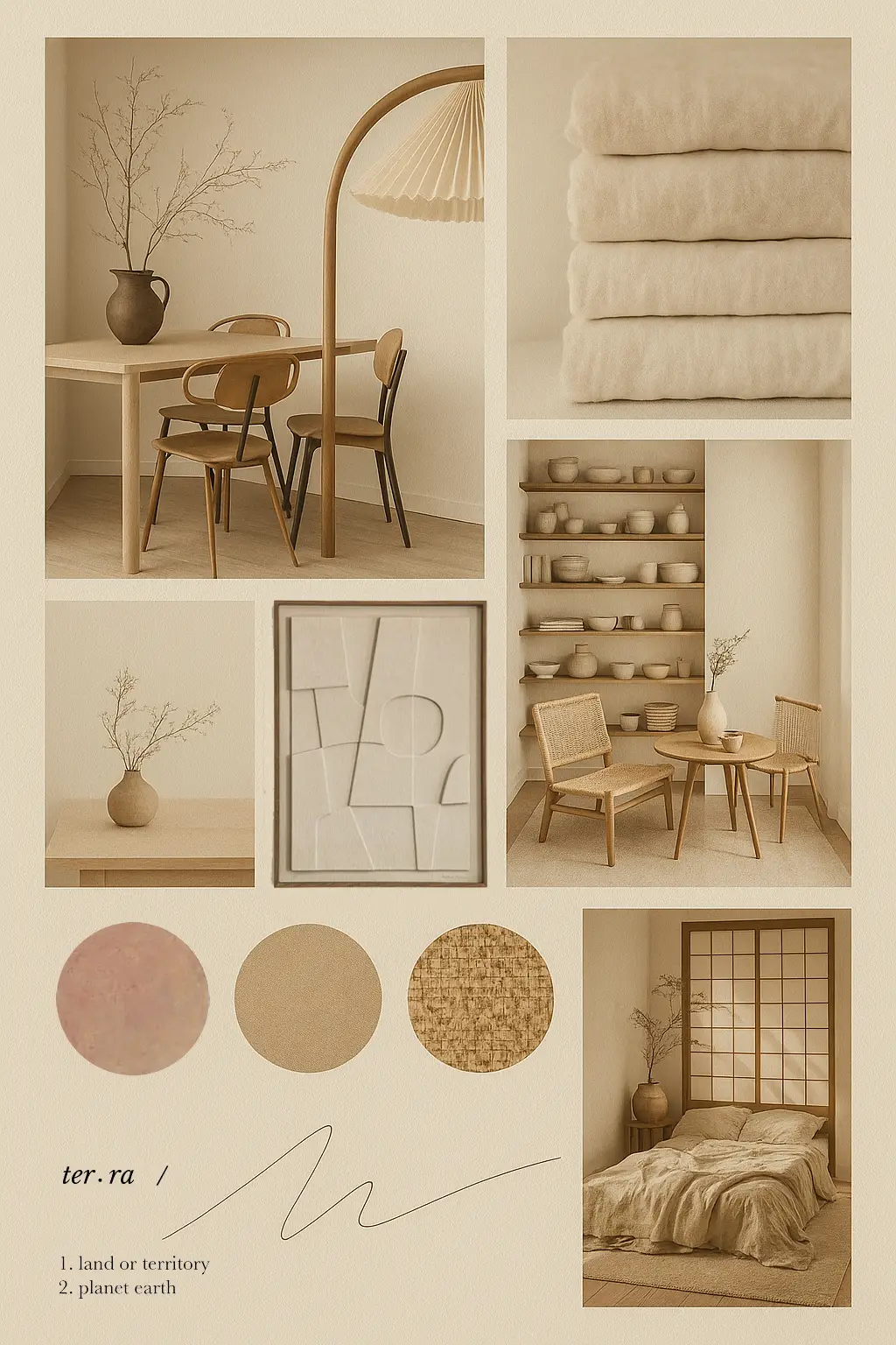 Moodboard for interior vision development in Japandi style – natural tones, texture samples, and styling concept
