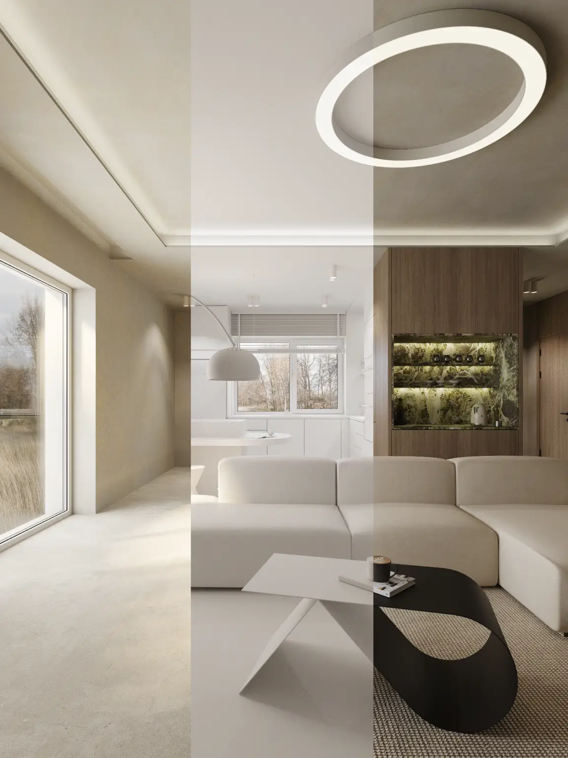 Side-by-side comparison of interior visualization from empty space to white model to final render