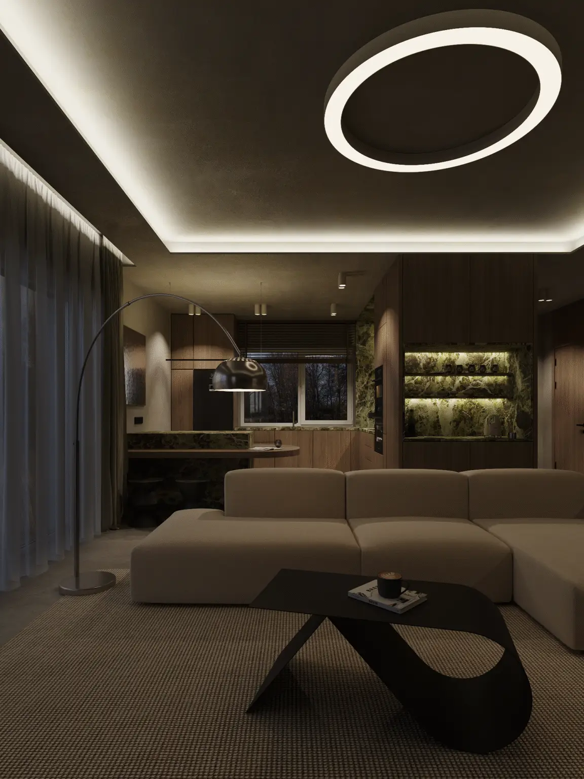 Interior visualization with evening lighting and warm atmosphere