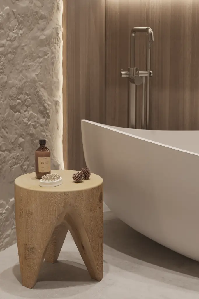 Japandi style bathroom detail with sculptural wooden stool, bath accessories and freestanding tub