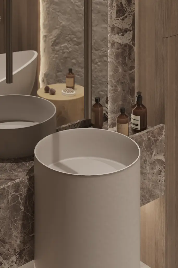 Japandi bathroom detail with freestanding basin and marble textures