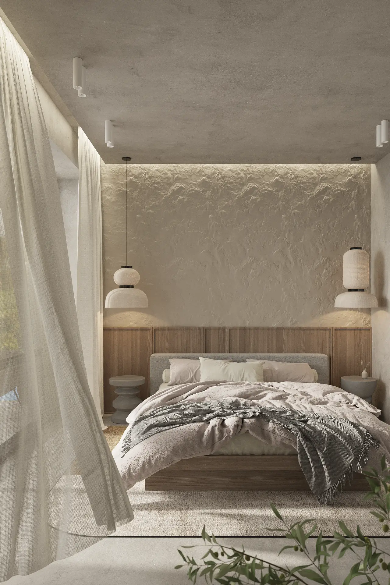 Japandi style bedroom interior in Vilnius with natural textures and soft lighting