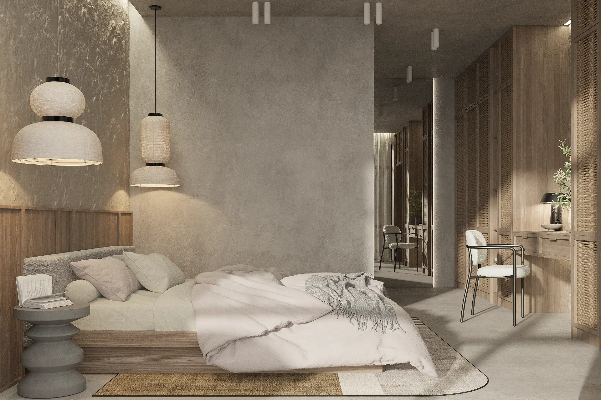 Japandi bedroom with integrated vanity desk and natural textures