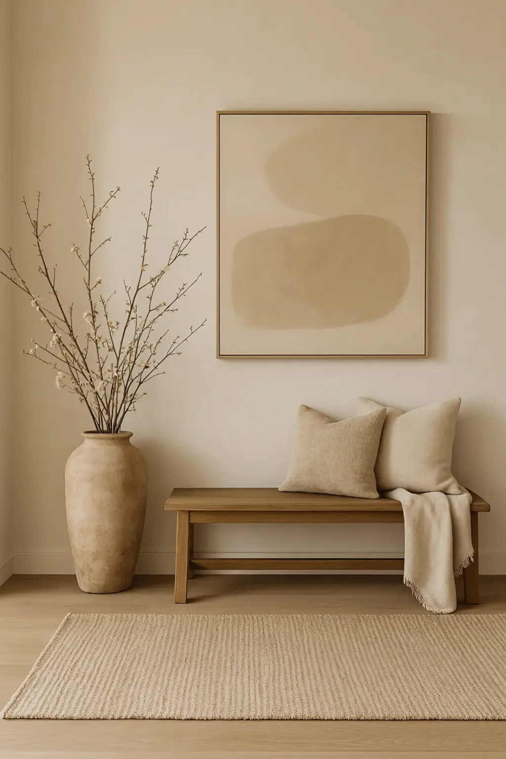 Japandi-style interior with minimal decor, soft textiles, natural wood bench, and neutral artwork