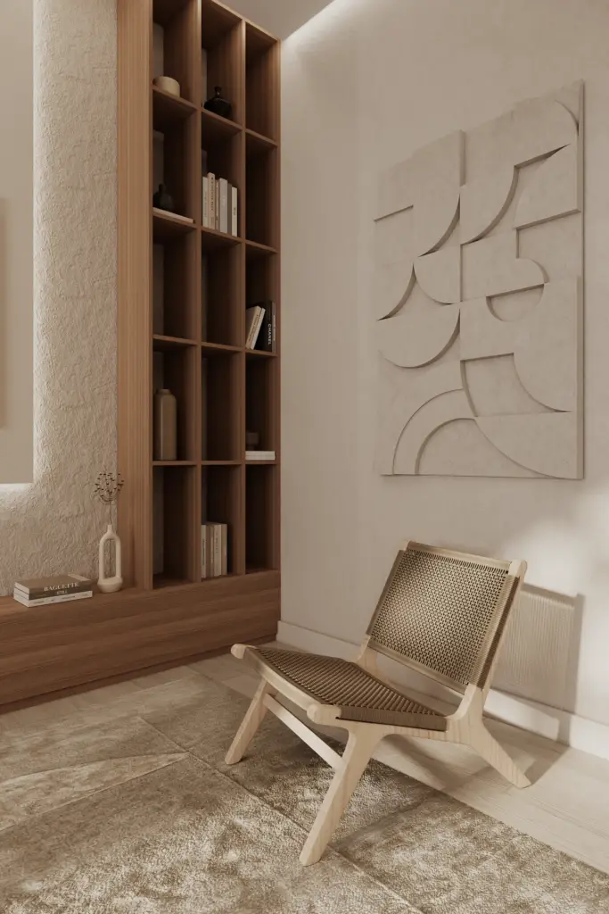 Japandi interior detail with wooden shelves, textured wall art and woven lounge chair