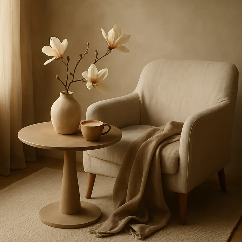 Cozy Japandi-style reading nook with armchair, round table, coffee cup, and blooming magnolia branch in vase
