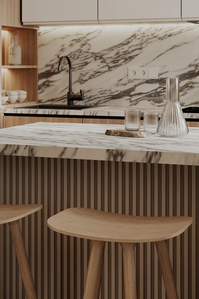 Detail of Japandi kitchen with marble countertop and wood texture