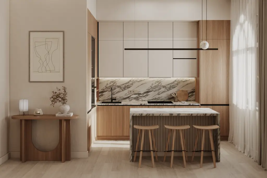 Japandi kitchen with marble island, minimalist cabinetry and wood details