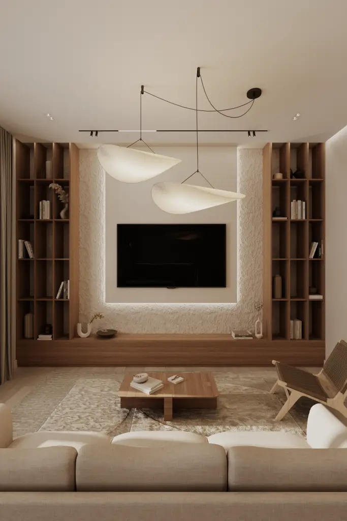Japandi living room with TV area, natural textures and minimalist design