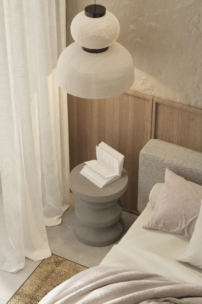 Japandi nightstand reading nook with soft lighting and natural textures