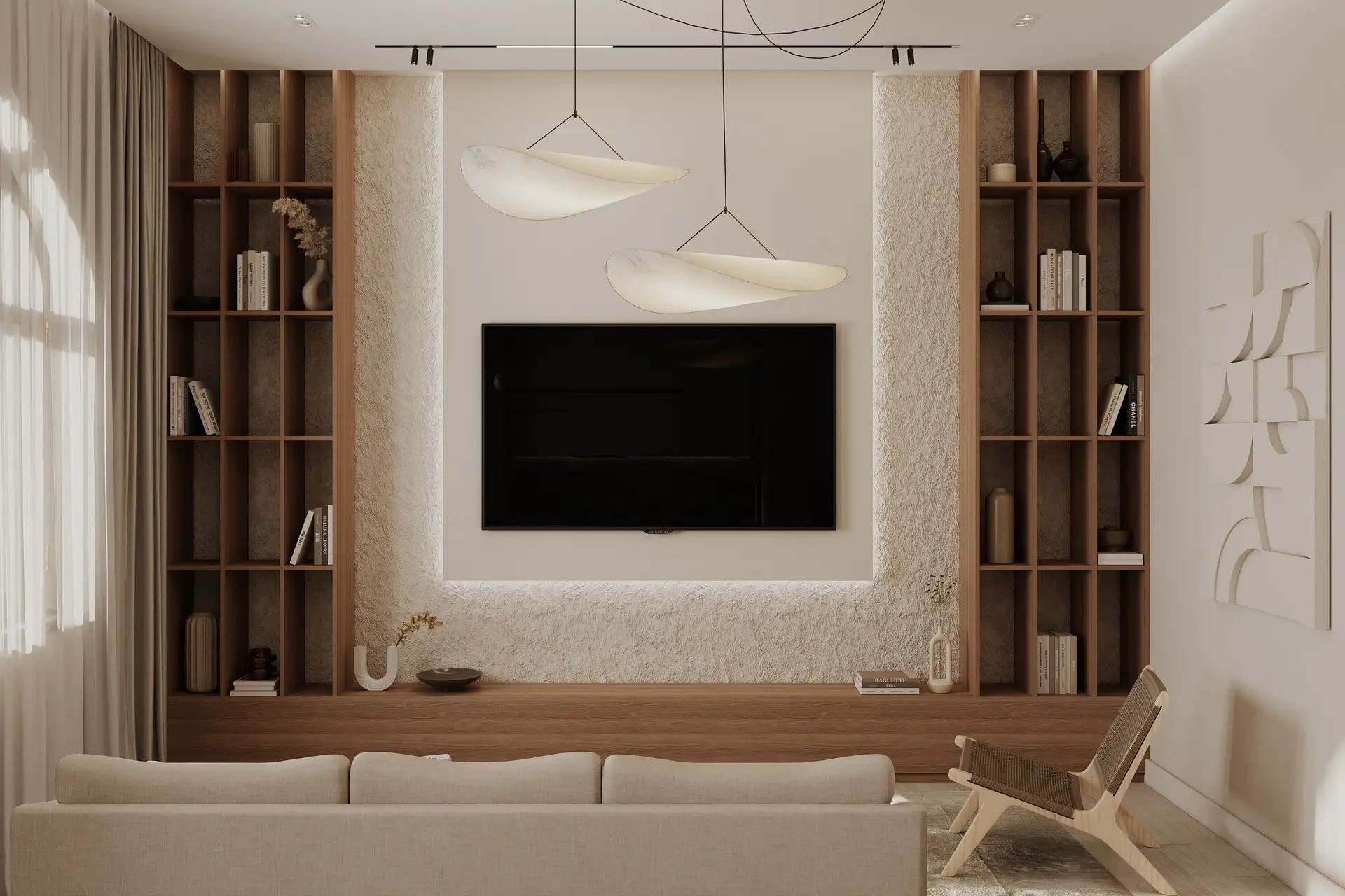 Japandi TV wall design in a bright living room with open shelving and textured wall finish