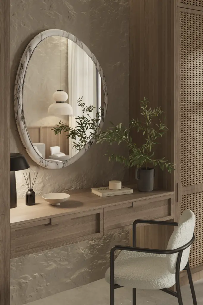 Japandi-style vanity table with marble-framed mirror and natural textures