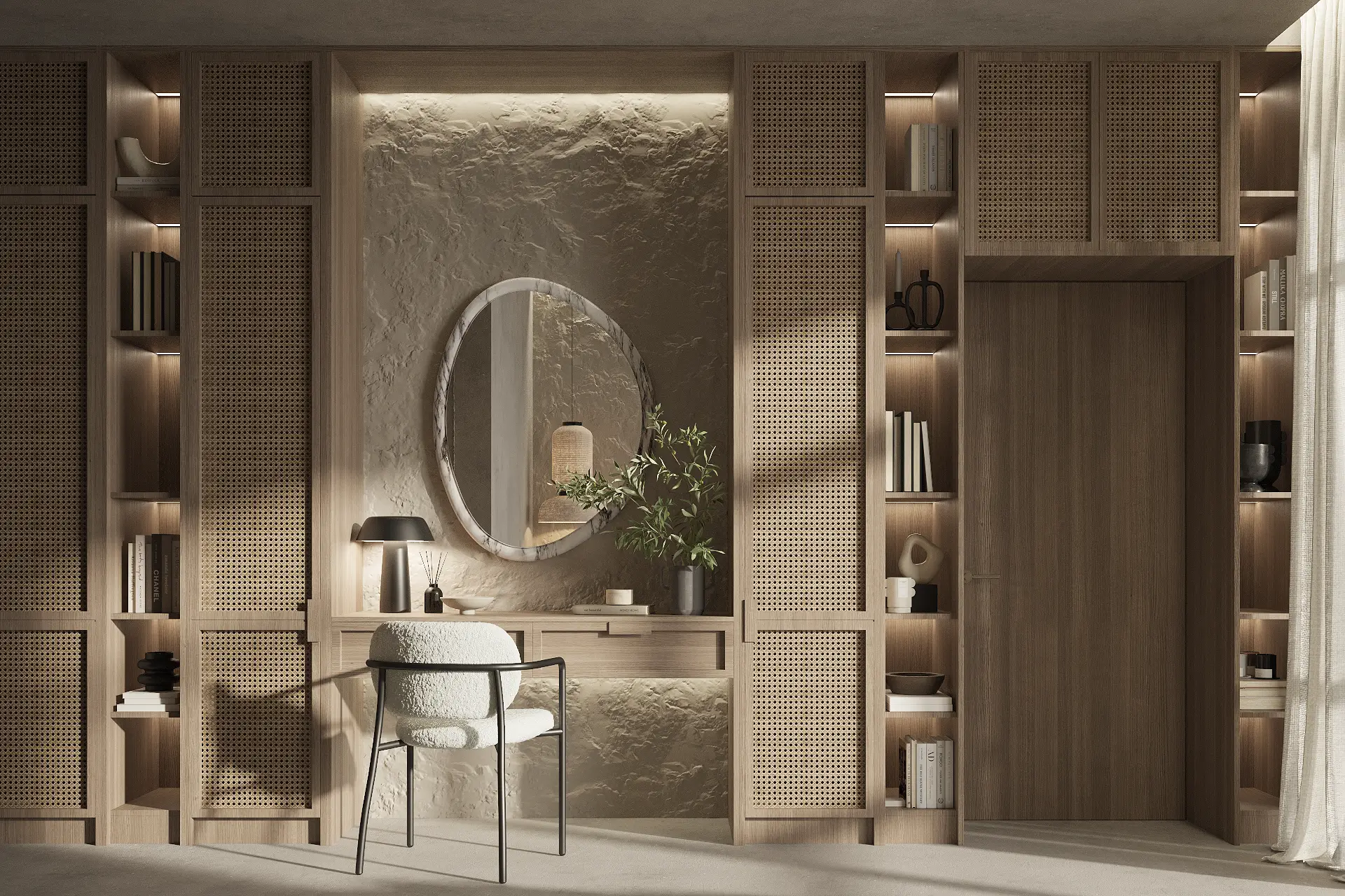 Japandi-style vanity area with rattan wardrobes and textured wall