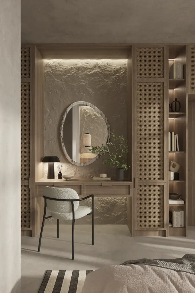 Japandi-style vanity table with round mirror and natural textures