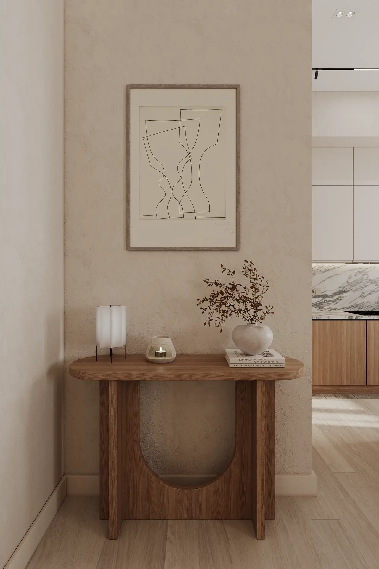 Minimalist entryway with wooden console table, decorative vase, candle, and abstract wall art – an example of refined interior design