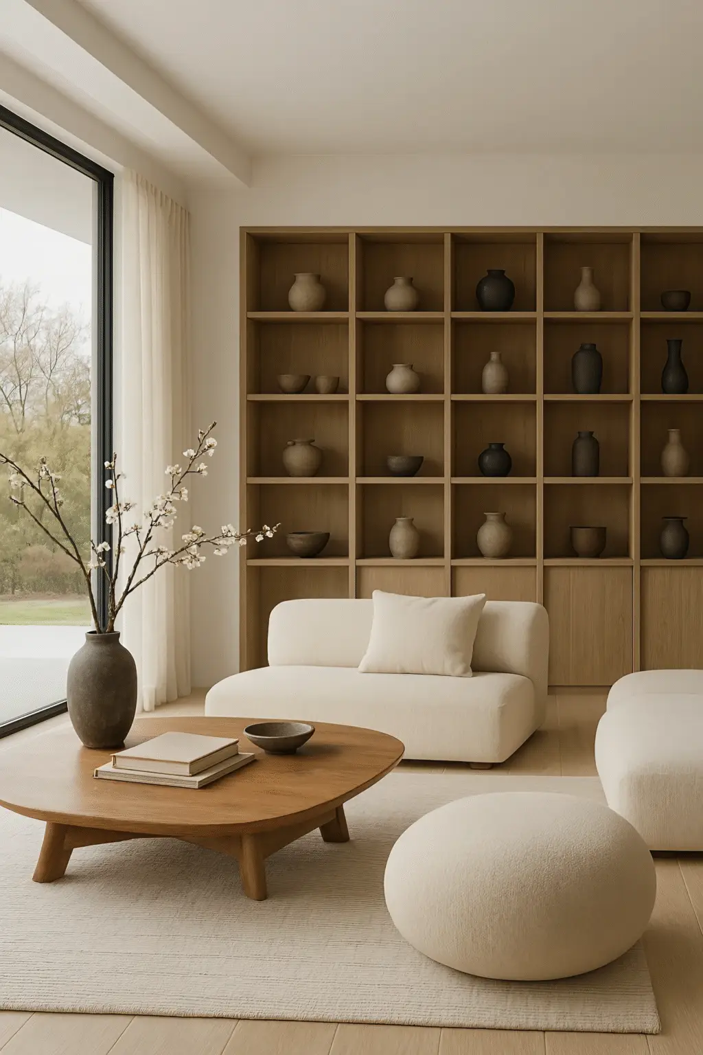 Japandi living room with neutral tones, natural textures, and sculptural wooden shelving