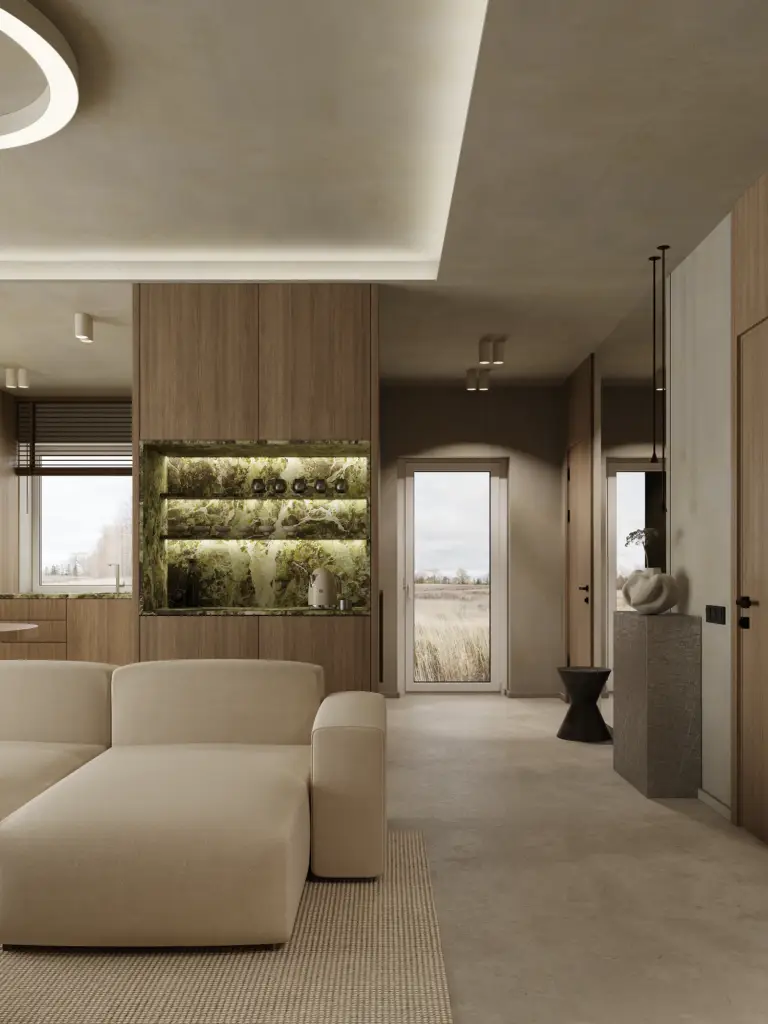 Built-in coffee and tea station with green marble and wood cabinetry in a modern Vilnius interior