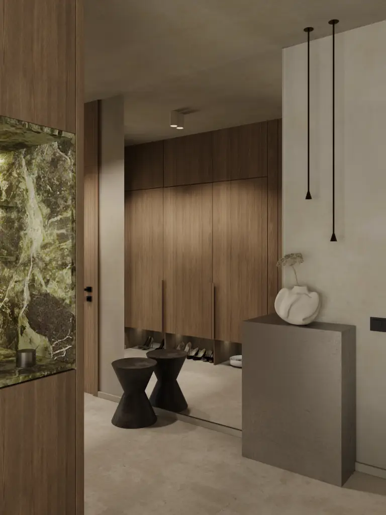 Contemporary hallway in Vilnius with wooden storage, shoe shelf, and minimalist metal console