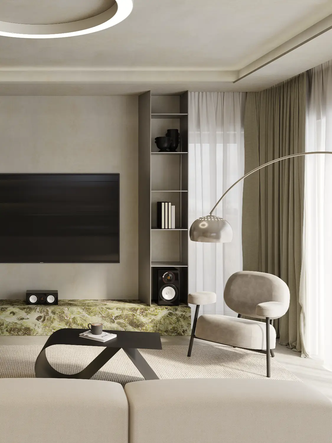 Modern living room with green marble accent and minimalist furniture in Vilnius