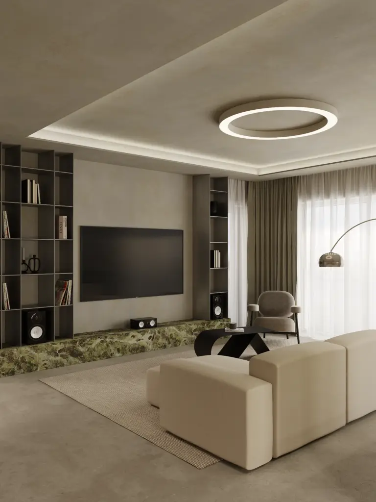 Minimalist living room with TV wall, green marble base, and metal shelving in a modern interior