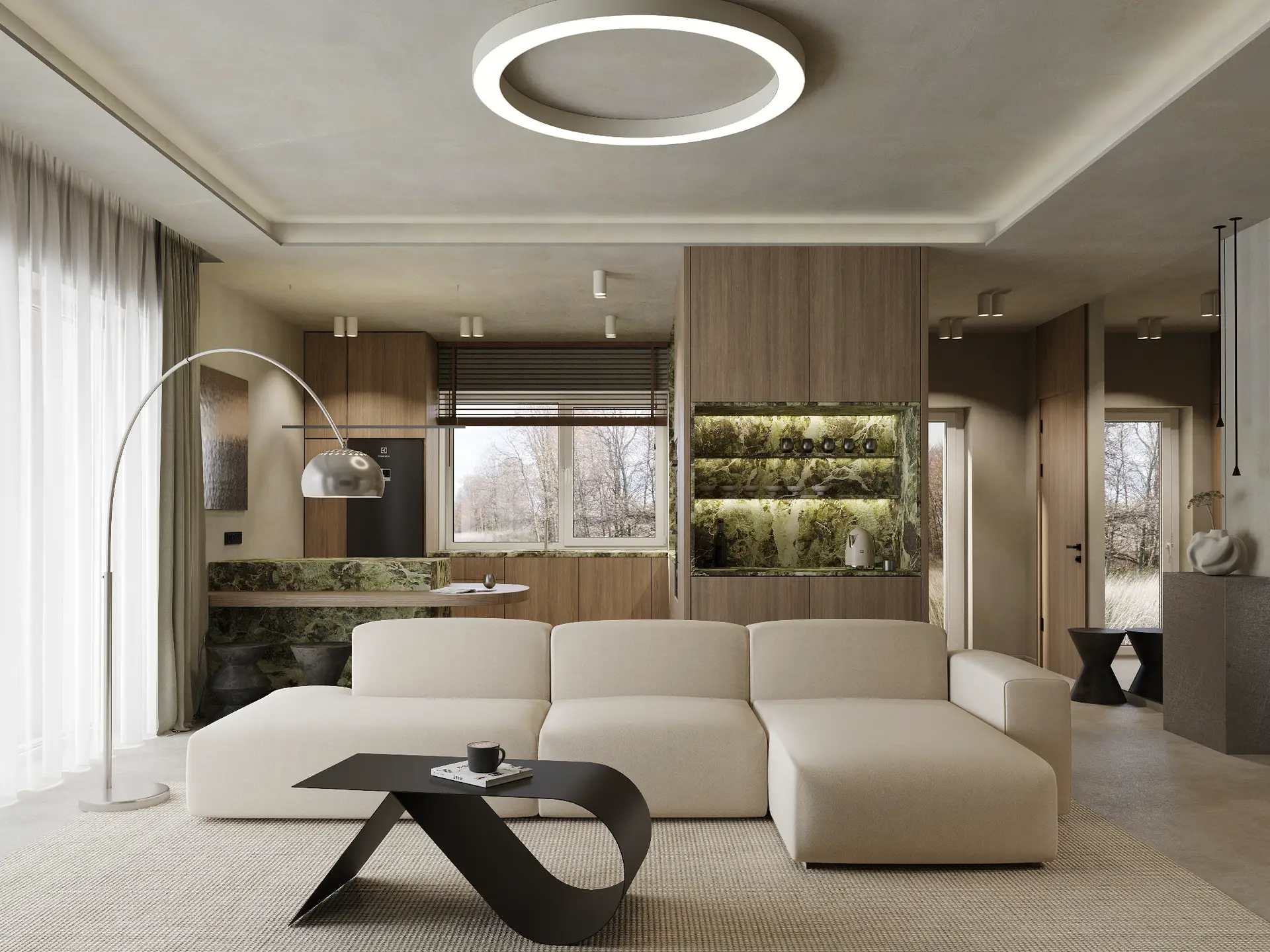 Open-plan living room and kitchen in a modern Vilnius apartment with green marble and soft neutral tones