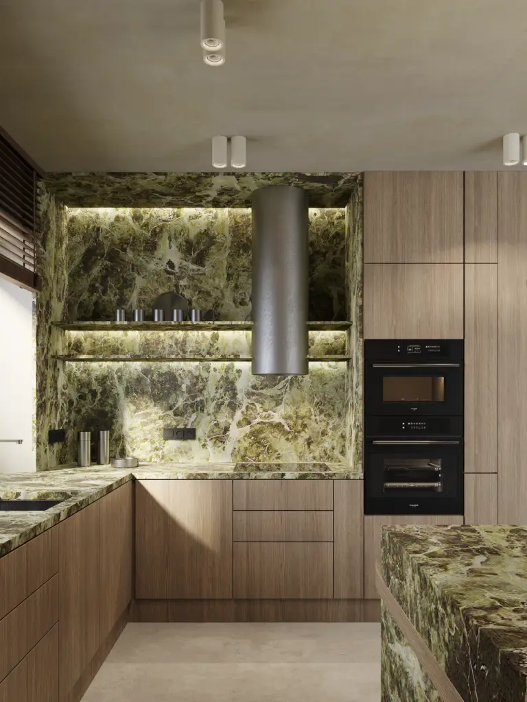 Contemporary kitchen in Vilnius with green marble surfaces and wooden cabinetry