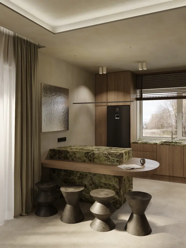 Green marble kitchen island with sculptural stools and wood extension in modern Vilnius interior