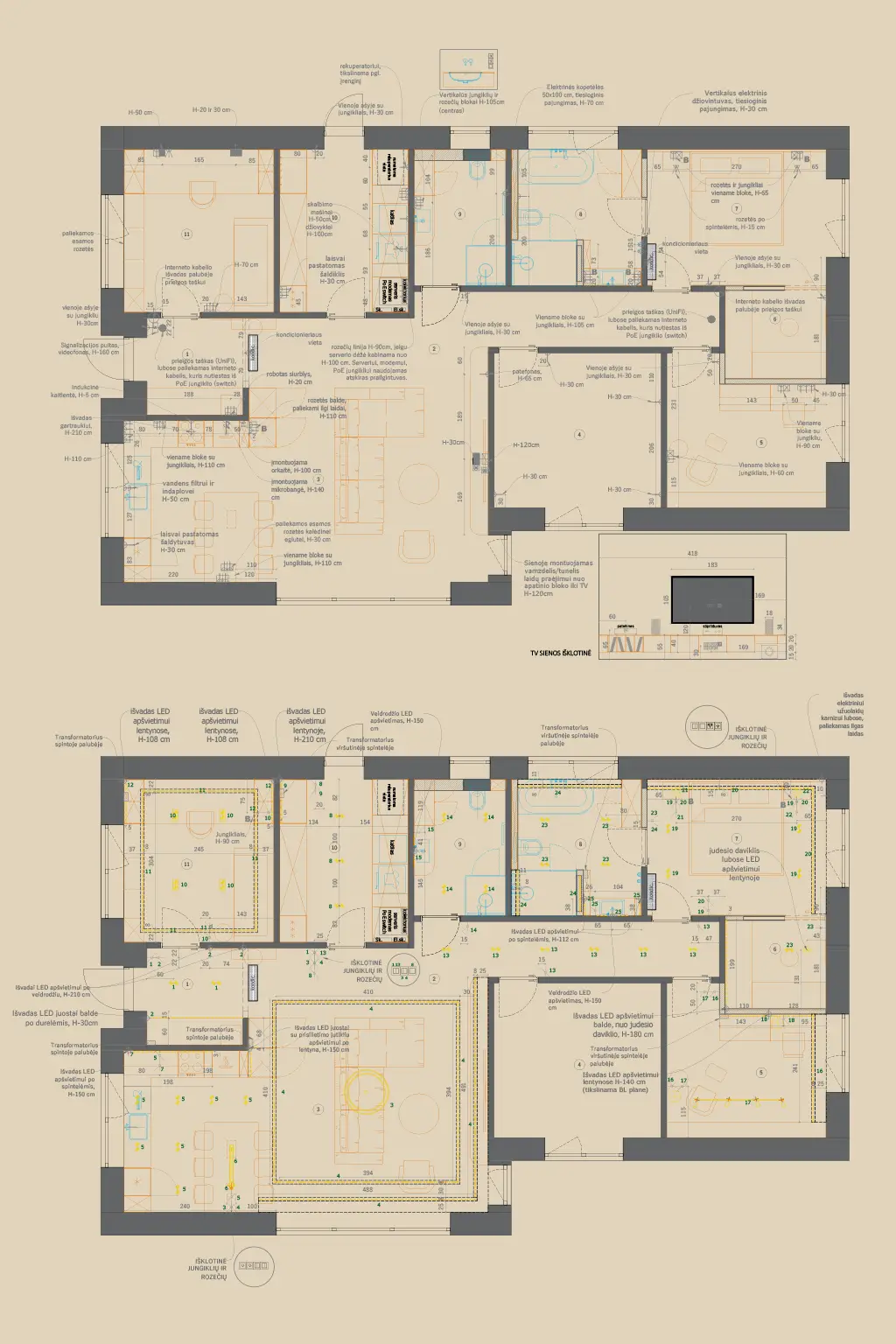 Technical interior design drawings with layout, lighting and electrical plans for implementation