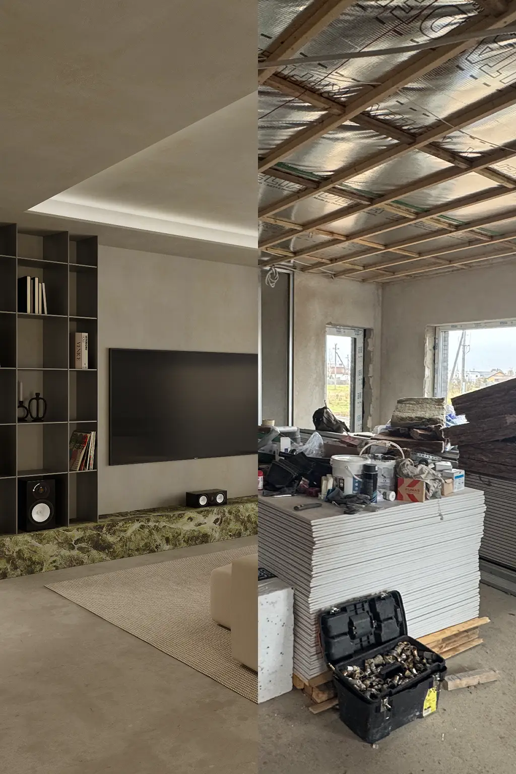 Side-by-side image of finished interior visualization and real construction process – full-service interior design with supervision