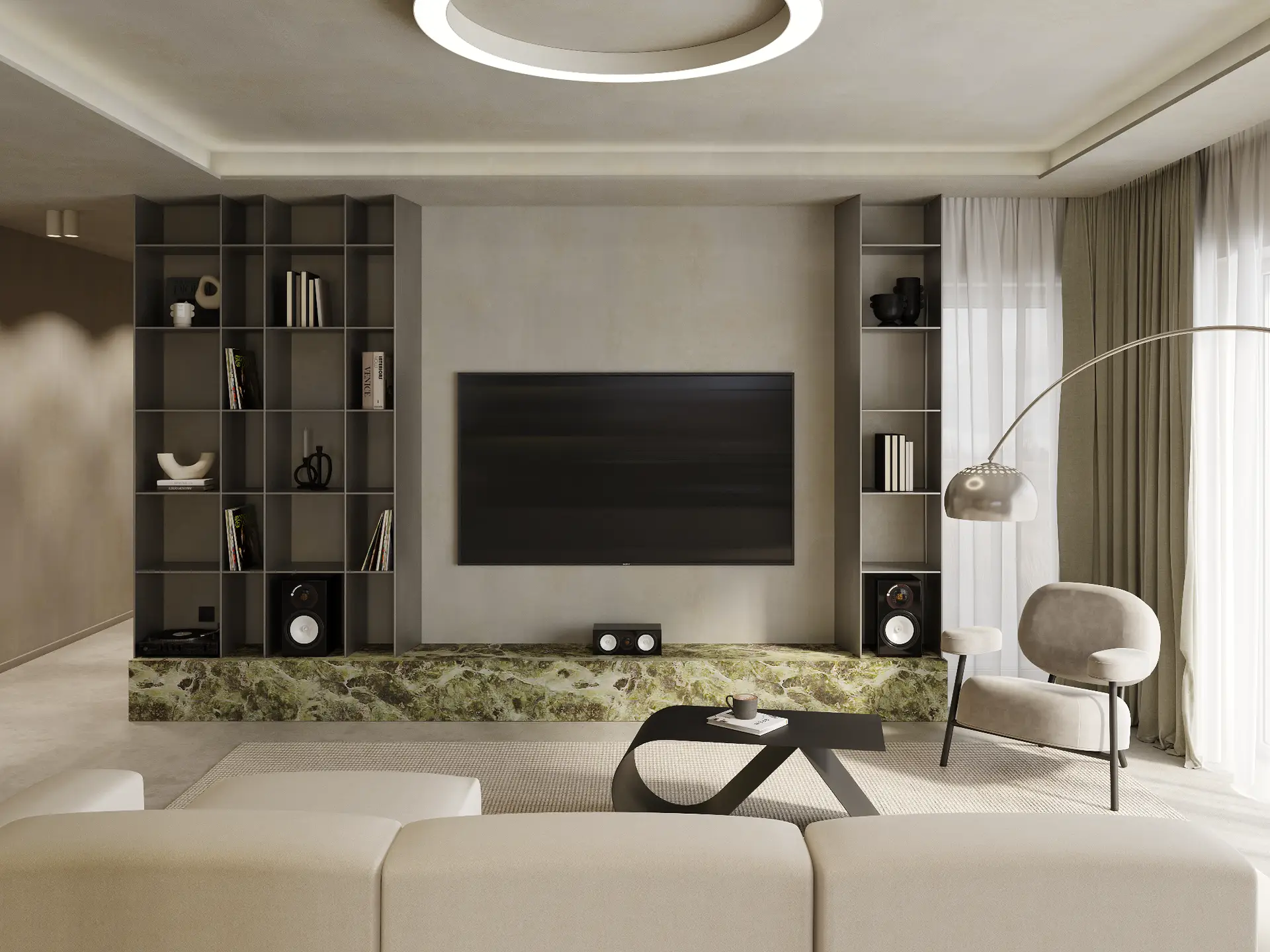 Modern TV wall with green marble base and built-in black steel bookshelves