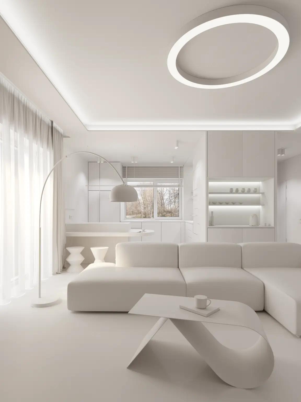 White clay interior visualization showing 3D modeling stage of a modern living room